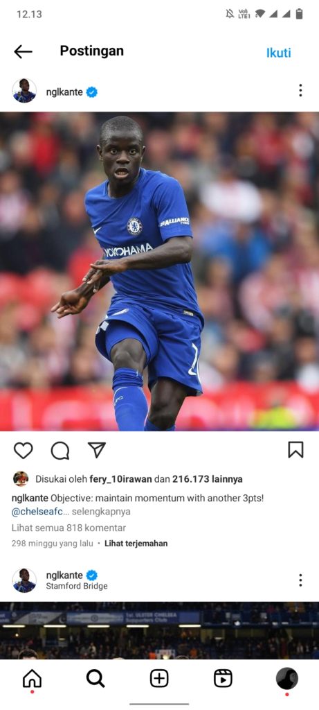 Foto Ngolo Kante saat masih bergabung tim Chelsea (Foto: Instagram @nglkante)